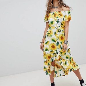 Kiss The Sky Off The Shoulder Button Front Midi Yellow Sunflower Dress